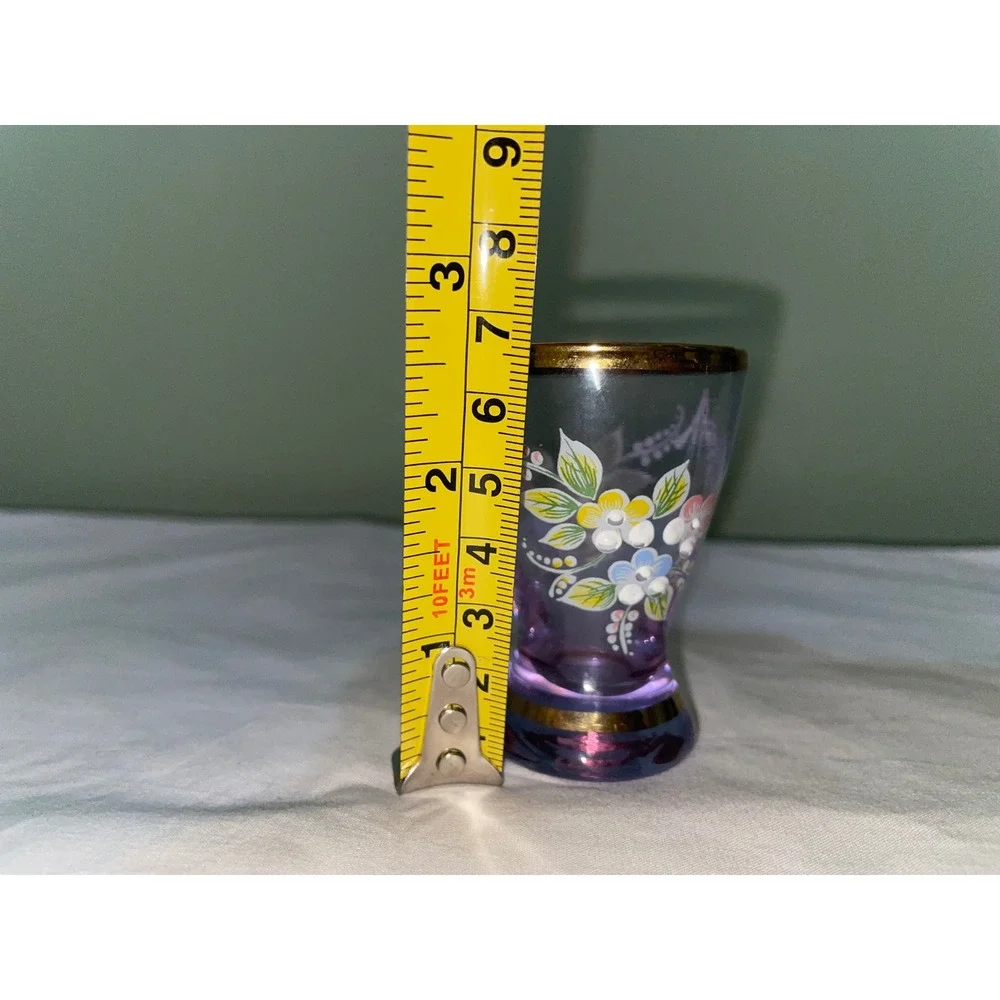 Vintage Purple Amethyst Glass Shot Glass Hand Painted Floral Gold Rim Pedestal